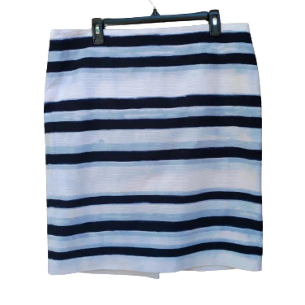 Ann Taylor Straight Skirt Abstract Watercolor Stripe White Blue Cotton 430722